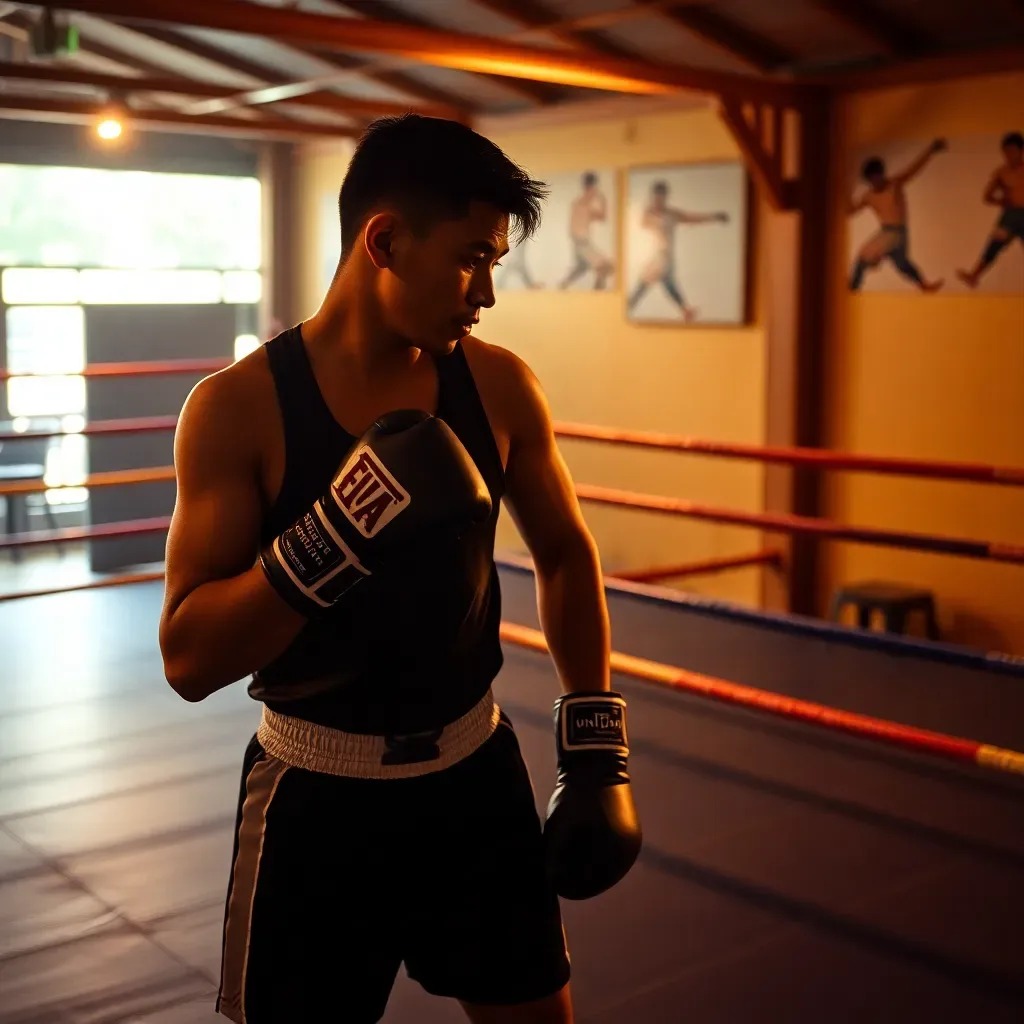 Thai trainer holding pads for a student at a Muay Thai camp in Phuket