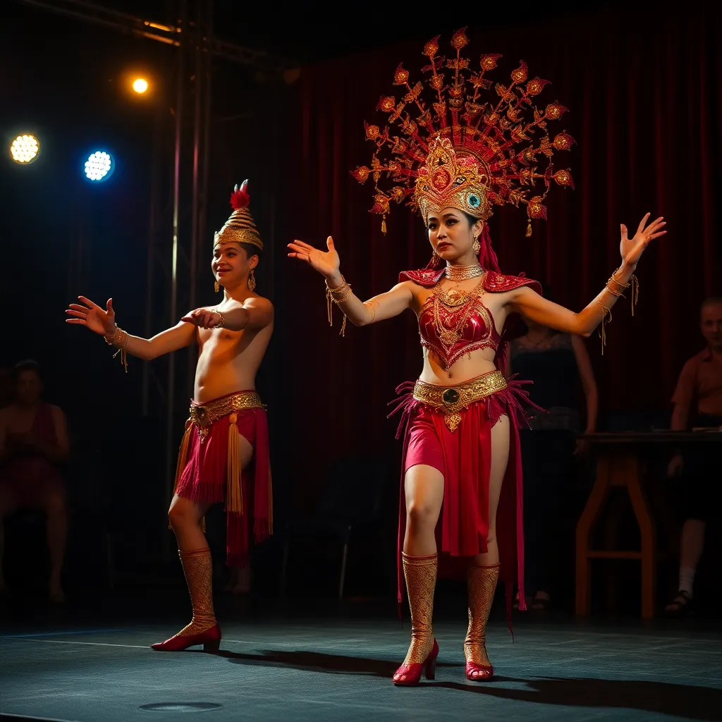 Thai cabaret theatre stage with costumed performers, Simon Cabaret Phuket style phuket cabaret show